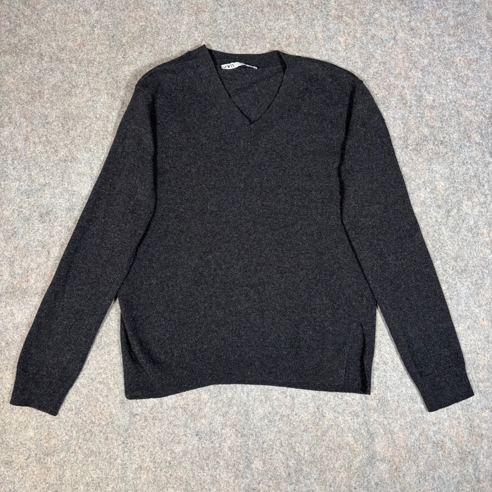 Zara Cashmere Blend V-Neck Sweater Womens S Charcoal Grey Knit Pullover Slits
